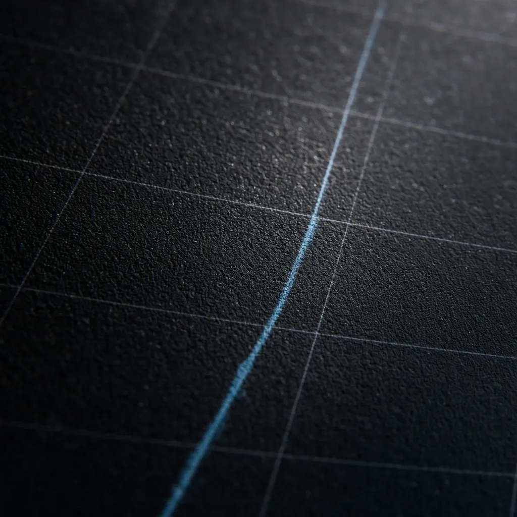 Close-up of dark, grainy paper printed with a faint white grid, crossed by one curving blue line and lit low from the side