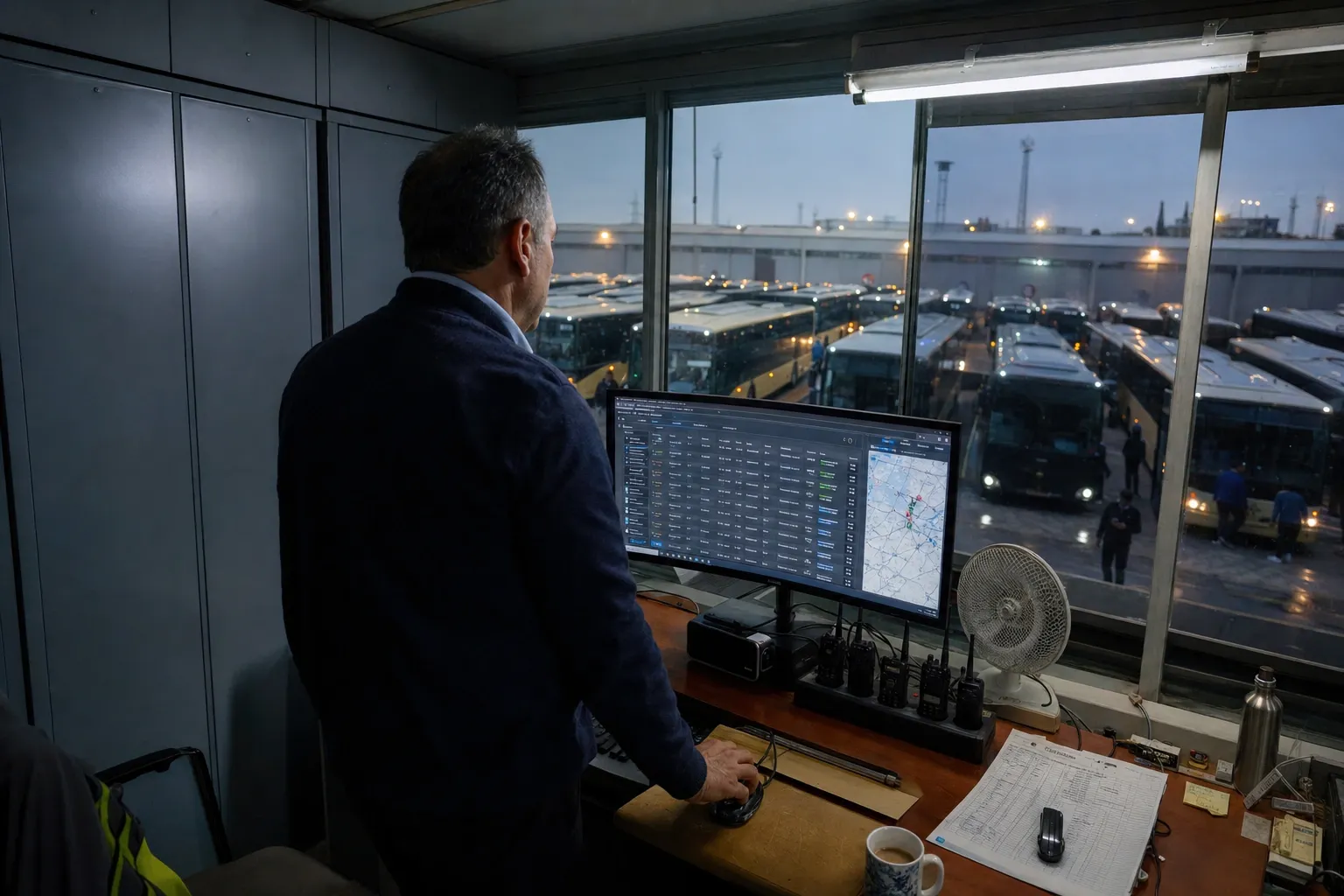 A supervisor in a glass booth overlooks a bus depot at twilight, his monitor showing a vehicle list and route map, radios charging on the desk