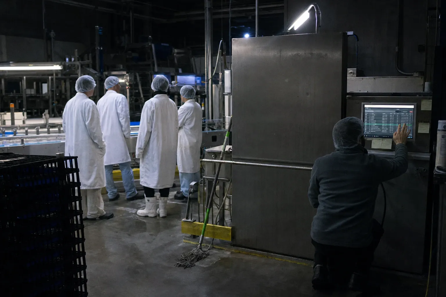 At night in a food plant, four people in white coats and hairnets watch the line while a worker kneels at a touchscreen showing a list of rows