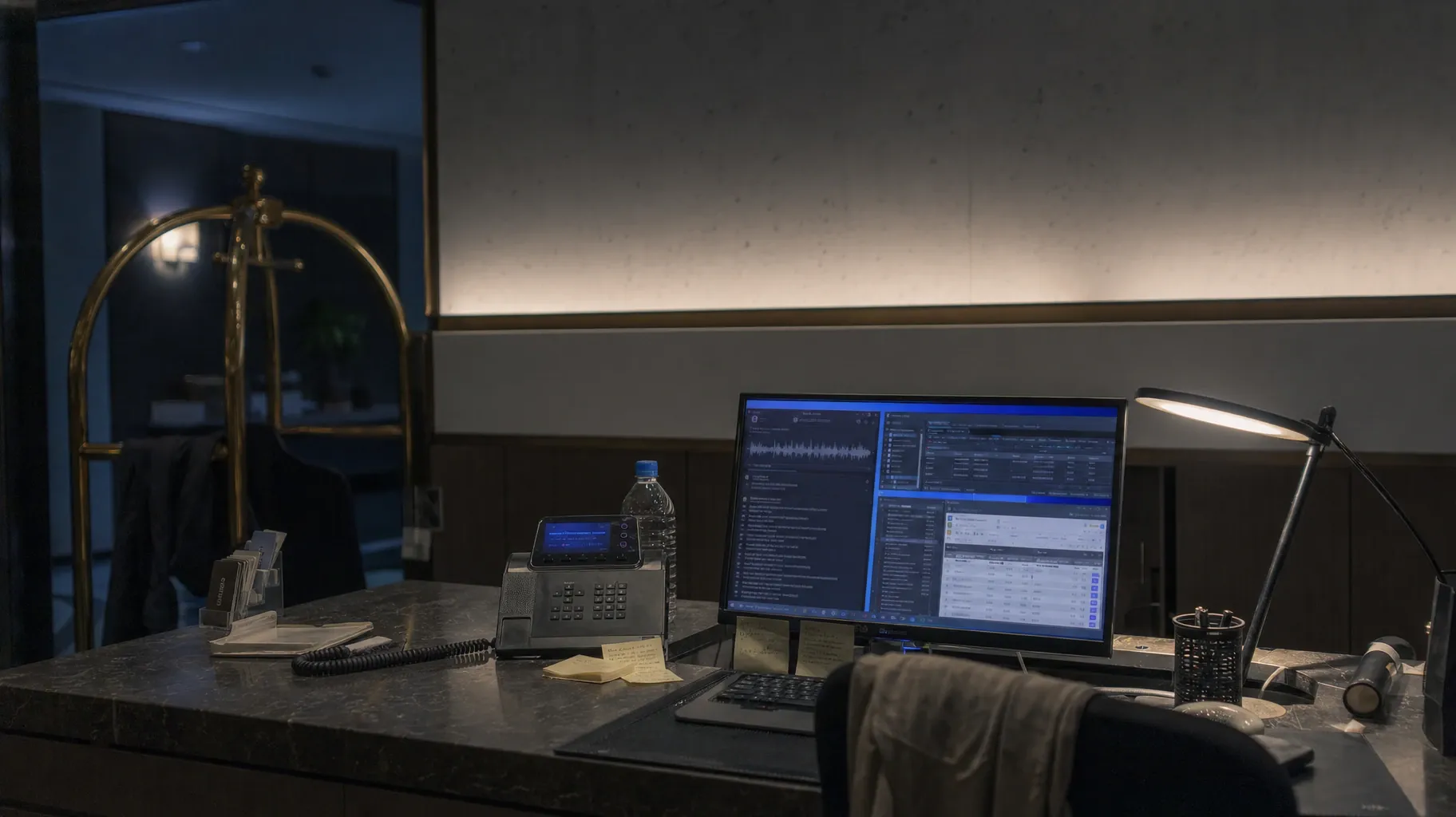 Empty hotel reception desk at night, a monitor showing a call waveform and transcript beside a bookings table, a desk phone and a brass luggage cart