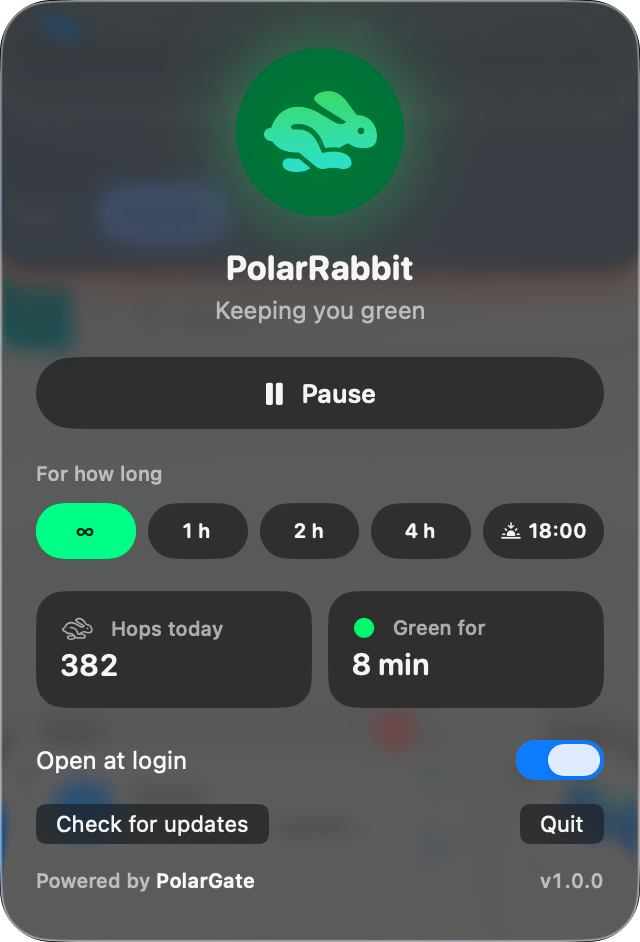 The PolarRabbit panel on macOS: the green hare, a Pause button, the duration choices from always to until 18:00, today's hop counter, the time kept green and the Open at login switch.
